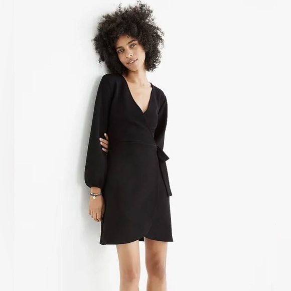 Madewell Texture & Thread Mini Dress Faux Wrap Side Tie Stretch Knit Black LBD - Picture 1 of 9